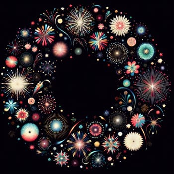 illustration of bright and colorful fireworks making a border or frame with copy space on black generative ai
