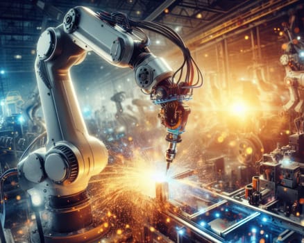 illustration of a closeup of an industrial welding robot in a modern factory generative ai