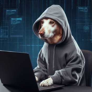 hacker dog in a hoodie will try to break through your computers cybersecurity generative ai