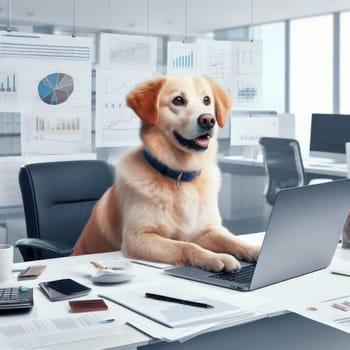 golden retriever dog working on laptop in the office generative ai