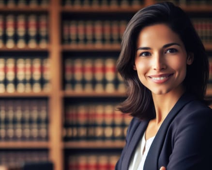 successful young female lawyer in office in front of law library books generative ai