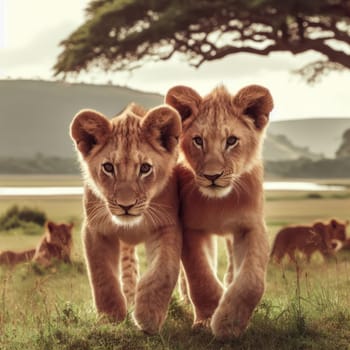 two young lion cubs playing and learning to hunt together generative ai