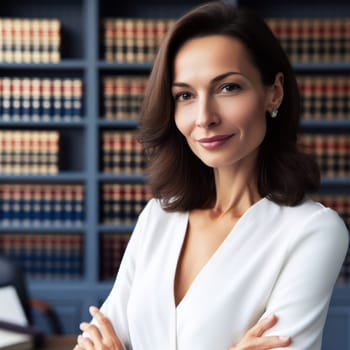 successful female lawyer in office in front of law library books generative ai