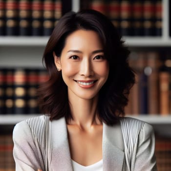 successful young asian female lawyer in office in front of law library books generative ai