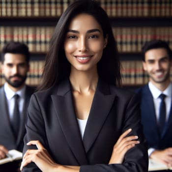 successful young female lawyer leading tteam in office in front of law library books generative ai