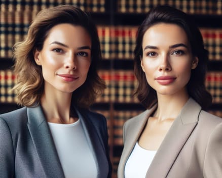 two female experienced lawyers in front of law library books
