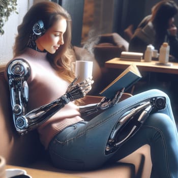 cybernetic person who has futuristic robotic enhancements or parts drinking coffee and reading a book generative ai