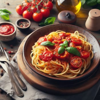 delicious traditional italian pasta puttanesca on a rustic table generative ai