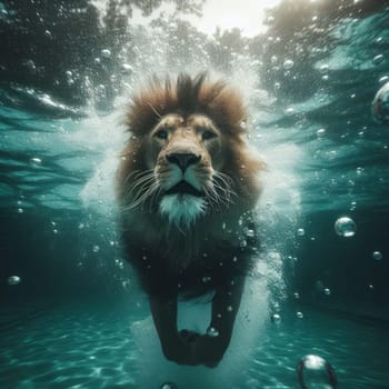 a lion swimming underwater in pool or clear river generative ai