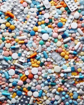 medical background image of hundreds of pills tablets and capsules generative ai