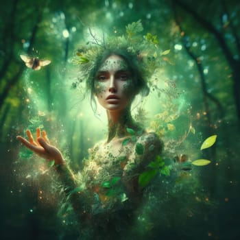 fantasy illustration on a nature goddess, elemental or sprite in a lush jungle forest generative ai