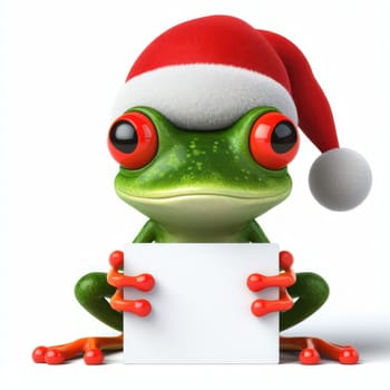 comical 3d illustration of cute happy red eyed tree frog at christmas with a copy space sign on white background generative ai
