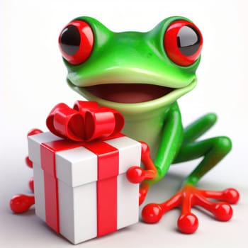 comical 3d illustration of cute happy red eyed tree frog at christmas on white background generative ai