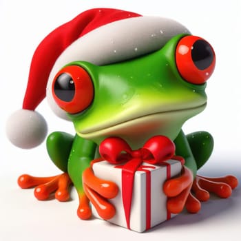 comical 3d illustration of cute happy red eyed tree frog at christmas on white background generative ai