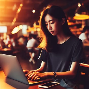 female student using a laptop in a restaurant generative ai