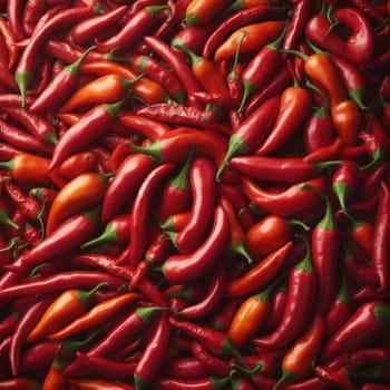 Red chilli peppers texture background top view generative ai