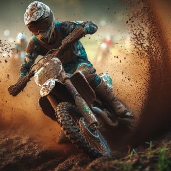 action closeup of motocross rider on track with mud spraying generative ai
