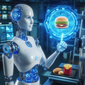 futuristic humanoid robot thinking a hamburger in holographic image generative ai
