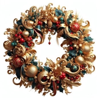 illustration of opulent and ornate christmas wreath on white background generative ai