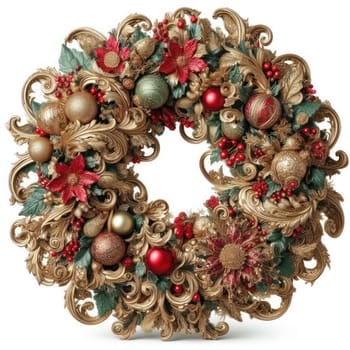 illustration of opulent and ornate christmas wreath on white background generative ai