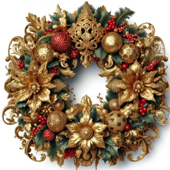 illustration of opulent and ornate christmas wreath on white background generative ai