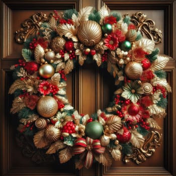 illustration of opulent and ornate christmas wreath on a wooden door generative ai