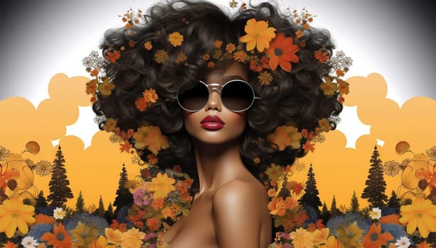 Afro African American woman with flowers in hair. Abstract woman portrait. American black skin girl with flower. Fashion illustration. Trendy modern minimalist design for wall art, beauty postcards, social media isolated white background