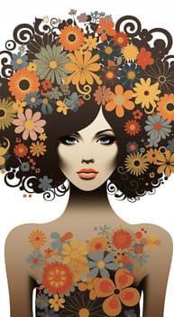 Afro African American woman with flowers in hair. Abstract woman portrait. American black skin girl with flower. Fashion illustration. Trendy modern minimalist design for wall art, beauty postcards, social media isolated white background