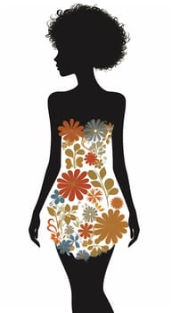 Afro African American woman with flowers in hair. Abstract woman portrait. American black skin girl with flower. Fashion illustration. Trendy modern minimalist design for wall art, beauty postcards, social media isolated white background