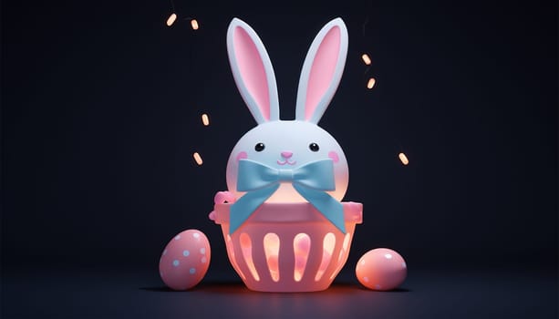 Cute Little Easter bunny with decorated Easter eggs on the grass. Glowing neon lights and dark background. Futuristic technology concept in dark and blue light. illustration Copy space. Happy Easter deign Space for text
