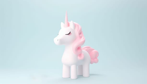 Cute unicorn pastel colored background. Magic fairy tale character unicorn 3d illustration for girls. Magic fairy tale unicorn print for clothes, stationery, books, goods. Toy Unicorn 3D character banner, background. Copy space Space for text