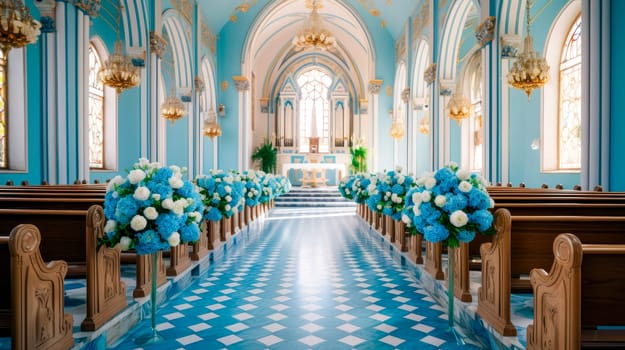 Empty church decorated with flowers for a ceremony. Flower decoration for a church wedding. AI generated
