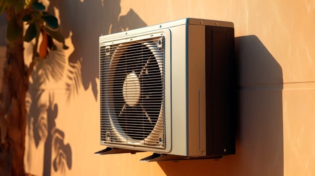 Air conditioning device on the exterior wall of a modern house.Air to air heat pump for cooling or heating the home. Outdoor unit powered by renewable energy. AI generated