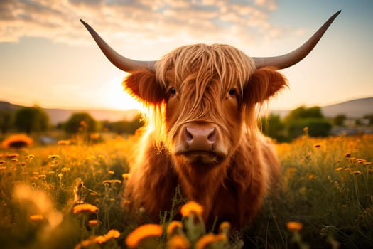Beautiful Highland Cow lying in a field with yellow flowers. Furry highland cow in a natural landscape. Front view. AI generated