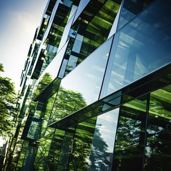 Eco-friendly building in the modern city. Sustainable glass office building with tree for reducing carbon dioxide. Office building with green environment. Corporate building reduce CO2. Generative AI.