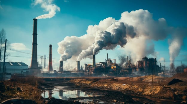 The plant emits smoke and smog from the pipes, pollutants enter the atmosphere. Environmental disaster. Harmful emissions into air. Exhaust gases. AI generated