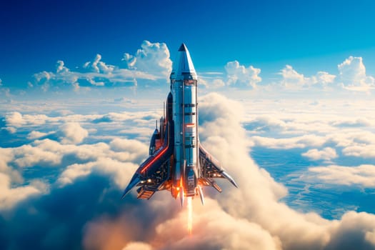 Space shuttle rocket lift off through the clouds into sky. Spaceship launch above the clouds. Space mission, transport and science, creative idea. AI generated