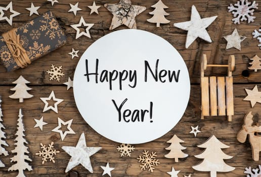 Text Happy New Year, On Wooden Background, Natural Christmas Decor, Winter Eco Friendly Flatlay