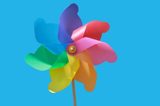 A plastic windmill with a wooden handle. A children's toy.