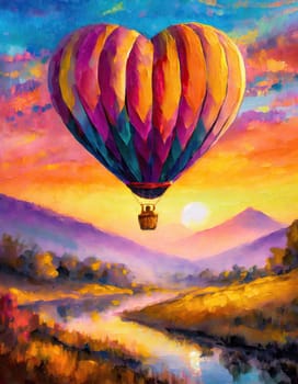 Hot air balloon in the shape of a heart symbol flying to sunset above the picturesque landscape with mountains and forests. Conceptual and romantic scene for Valentines day