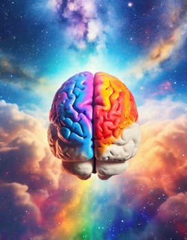 Multicolored human brain over cosmic sky background. Mind blowing science, human creative intellect concept