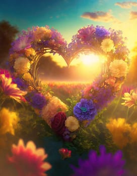 Heart symbol made of colorful flowers in a blooming meadow at sunrise. Love and romance concept as background for Valentines day