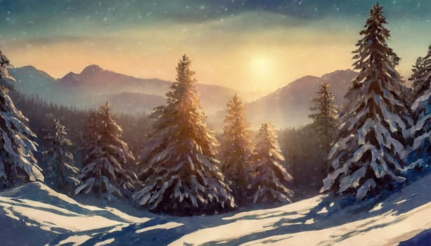 Sunlit snowy pine forest in a cold winter morning. Pastel colors dawn over the frosty trees covered with white snow. Beautiful panoramic painting