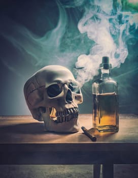 Skull with an alcohol bottle and cigarette on the table. Poisonous addictions concept, smoking tobacco and spirit drinking danger