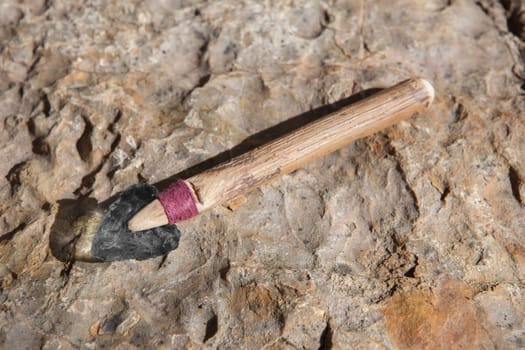 Prehistorical arrowhead built in short shaft. Replica made of glass for educational purposes