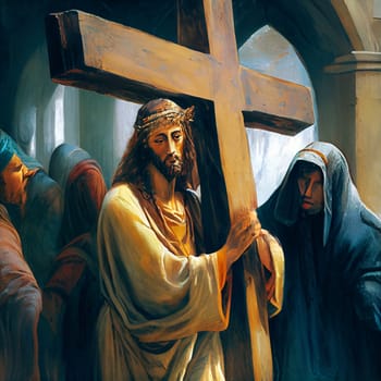 Jesus Christ carring the cross at the via dolorosa in Jerusalem, crucifixion and resurrection at Easter, christian belief and religion
