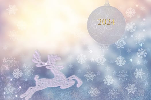 Happy New year 2024 card. Abstract festive elegant gray silver gold glittering greeting card with bokeh circles, glowing christmas stars, a stag and the 2024 text.