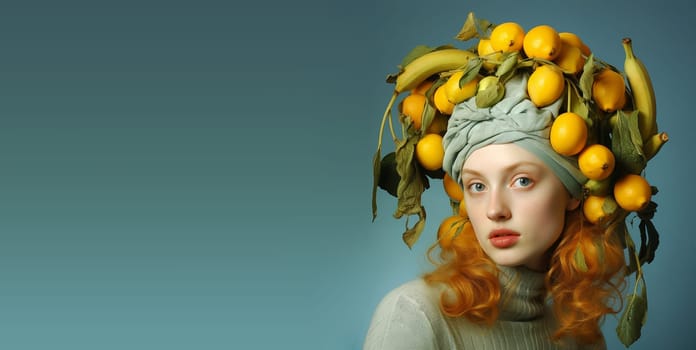 Portrait of a woman with fruit in her hair, lemons and leaves, healthy eating, harvest