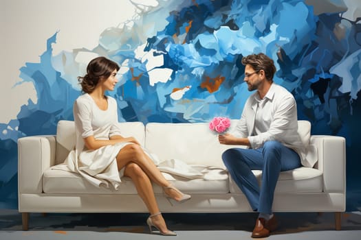 Couple sitting on the sofa, husband with flowers for wife, relationship and marriage, love and emotion