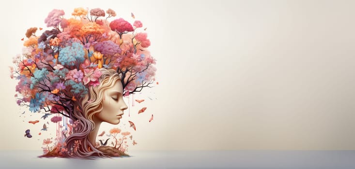 Human mind with flowers and birds growing from a tree, consciousness, positive thinking, creative mind, self care and mental health concept